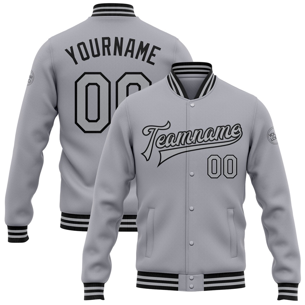 Custom Gray Black Bomber Full Snap Baseball Jacket, Custom Team Jacket Custom Gray Black Bomber Full Snap Baseball Jacket, Custom Team Jacket