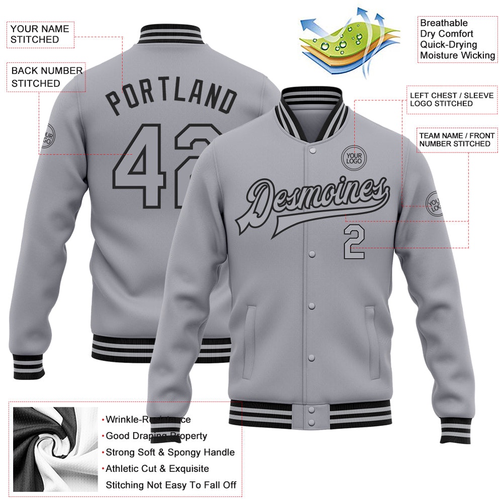 Custom Gray Black Bomber Full Snap Baseball Jacket, Custom Team Jacket Custom Gray Black Bomber Full Snap Baseball Jacket, Custom Team Jacket