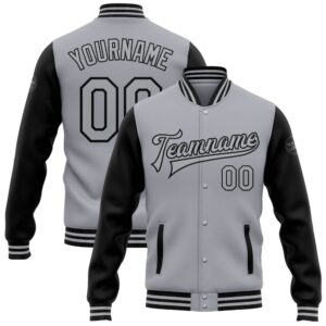 Custom Gray Black Bomber Full Snap Varsity…