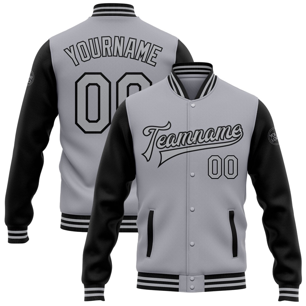 Custom Gray Black Bomber Full Snap Varsity Baseball Jacket, Custom Team Jacket Custom Gray Black Bomber Full Snap Varsity Baseball Jacket, Custom Team Jacket