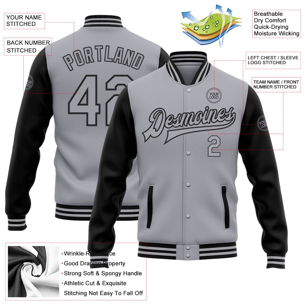 Custom Gray Black Bomber Full Snap Varsity Baseball Jacket, Custom Team Jacket Custom Gray Black Bomber Full Snap Varsity Baseball Jacket, Custom Team Jacket