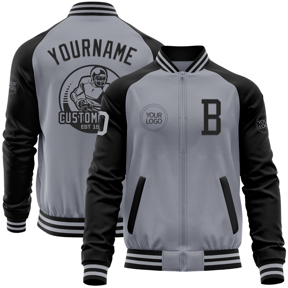 Custom Gray Black Bomber Varsity Baseball Jacket, Custom Team Jacket Custom Gray Black Bomber Varsity Baseball Jacket, Custom Team Jacket