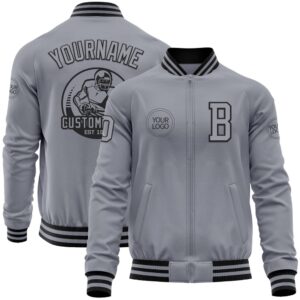Custom Gray Black Bomber Varsity Letterman Zipper…