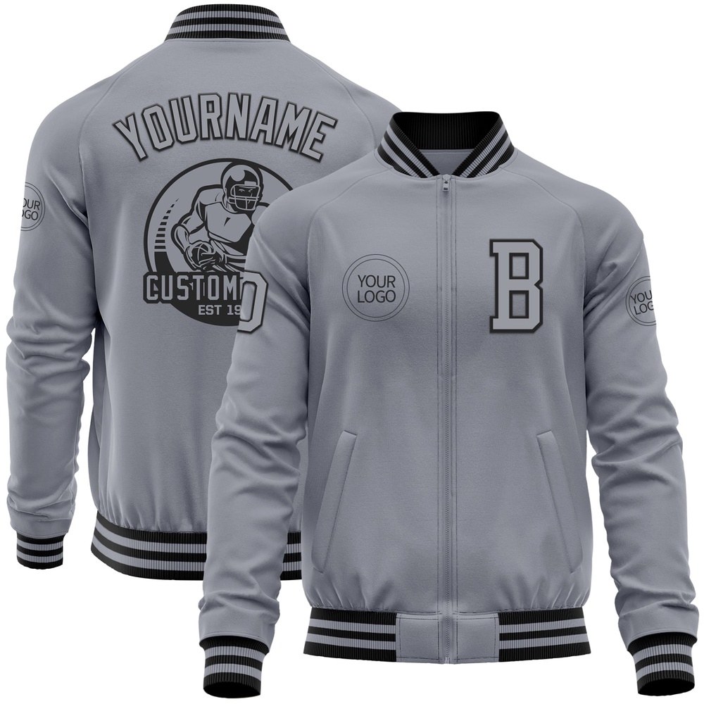 Custom Gray Black Bomber Varsity Letterman Zipper Jacket, Custom Team Jacket Custom Gray Black Bomber Varsity Letterman Zipper Jacket, Custom Team Jacket