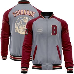 Custom Gray Black City Cream Crimson Varsity…