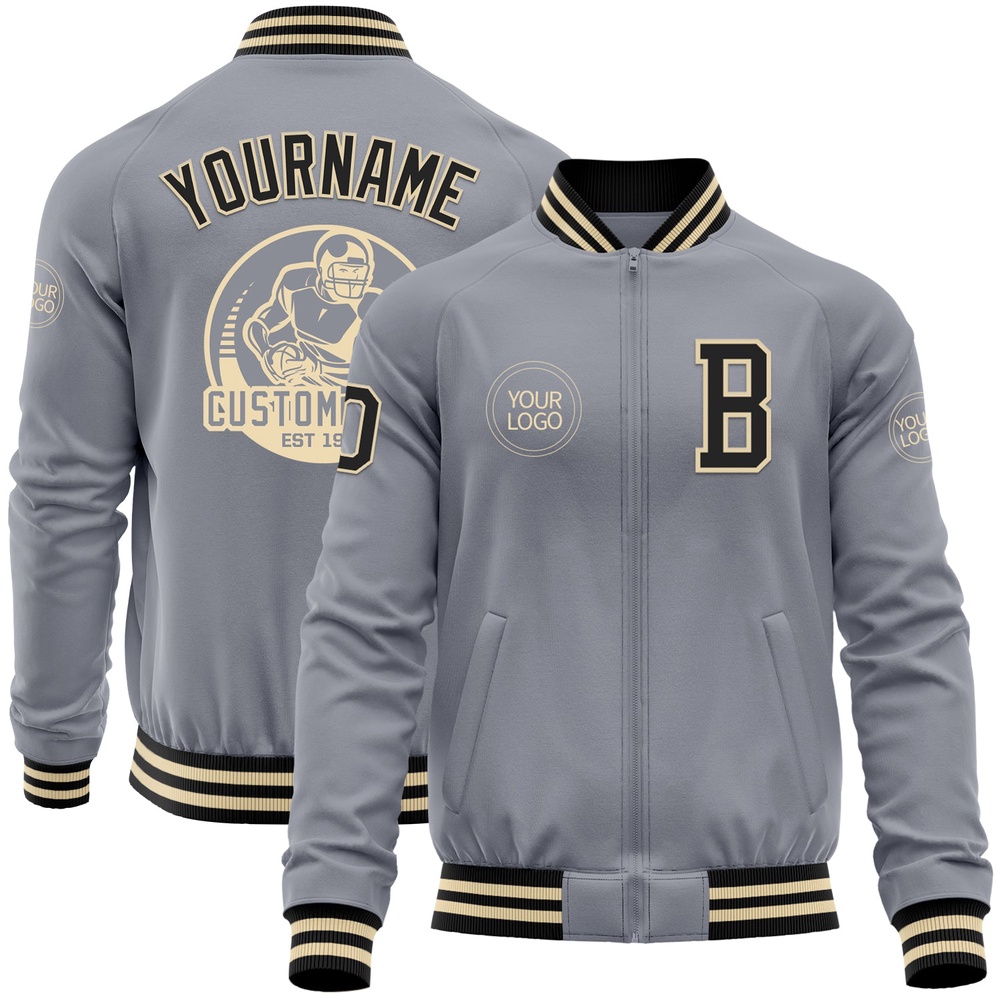 Custom Gray Black Cream Bomber Varsity Baseball Jacket, Custom Team Jacket Custom Gray Black Cream Bomber Varsity Baseball Jacket, Custom Team Jacket