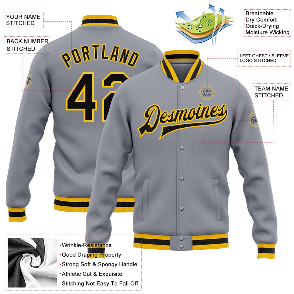 Custom Gray Black Gold Bomber Full Snap Baseball Jacket, Custom Team Jacket Custom Gray Black Gold Bomber Full Snap Baseball Jacket, Custom Team Jacket