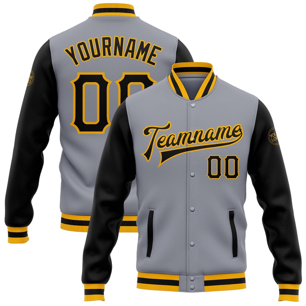 Custom Gray Black Gold Bomber Full Snap Varsity Baseball Jacket, Custom Team Jacket Custom Gray Black Gold Bomber Full Snap Varsity Baseball Jacket, Custom Team Jacket