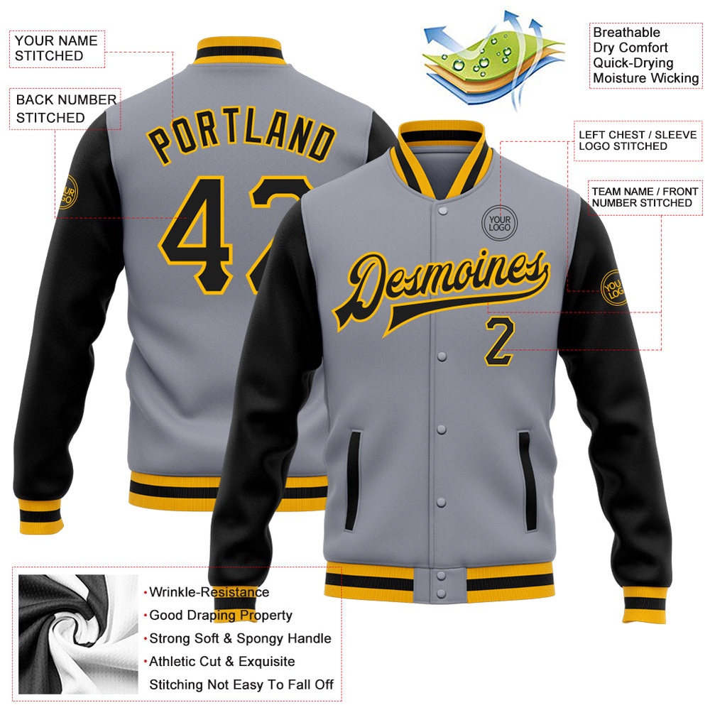 Custom Gray Black Gold Bomber Full Snap Varsity Baseball Jacket, Custom Team Jacket Custom Gray Black Gold Bomber Full Snap Varsity Baseball Jacket, Custom Team Jacket