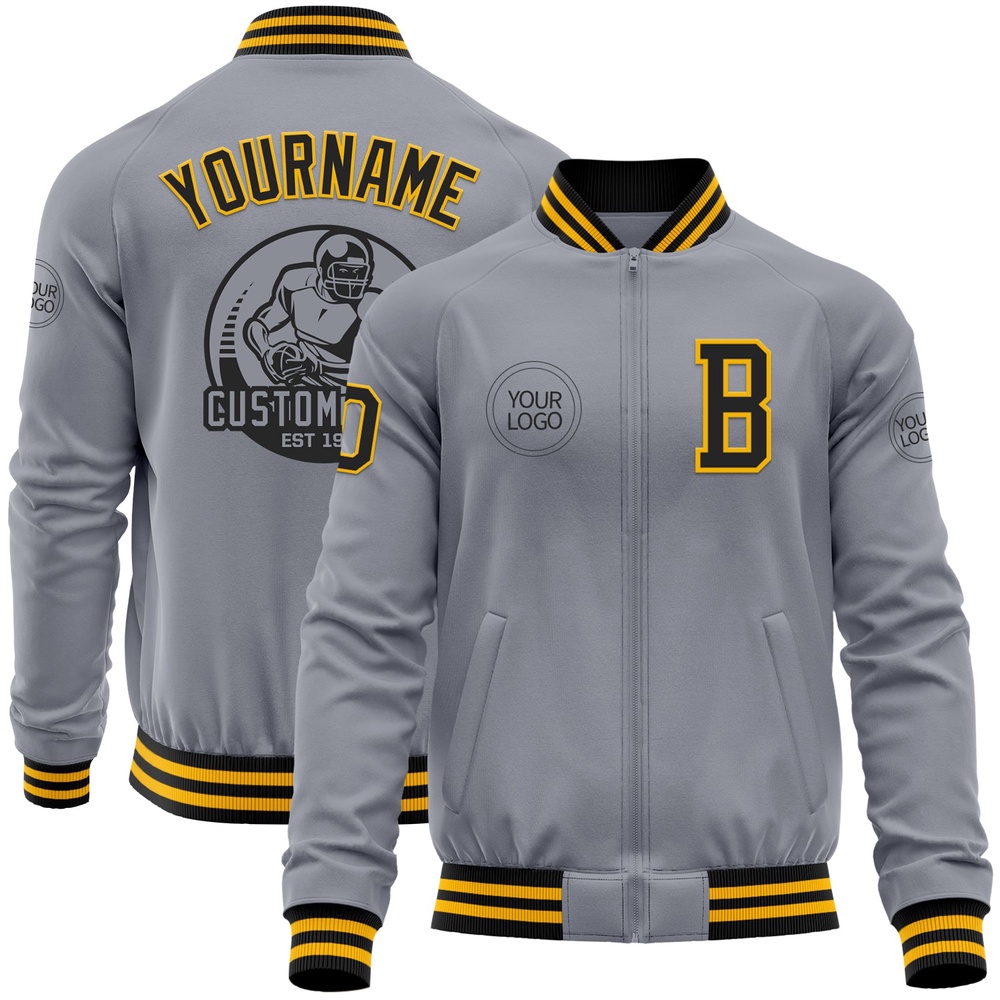 Custom Gray Black Gold Bomber Varsity Baseball Jacket, Custom Team Jacket