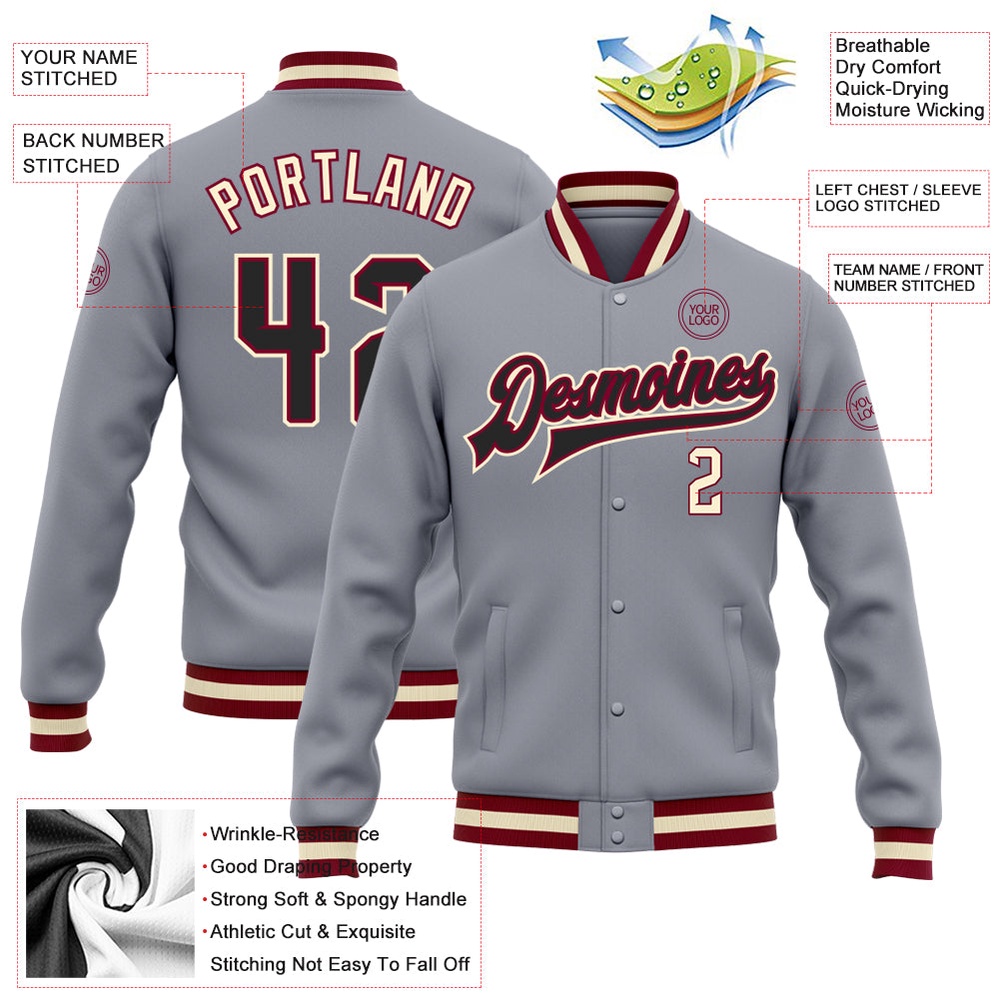 Custom Gray Black Maroon Cream Bomber Full Snap Baseball Jacket, Custom Team Jacket
