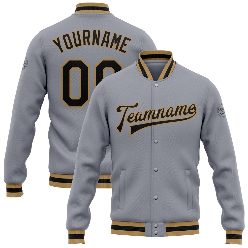 Custom Gray Black Old Gold Bomber Full Snap Baseball Jacket, Custom Team Jacket