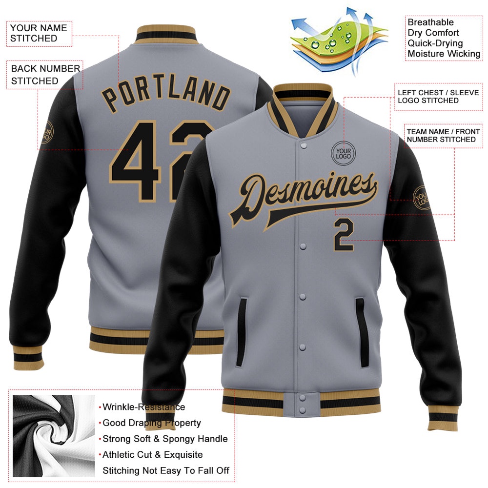 Custom Gray Black Old Gold Bomber Full Snap Varsity Baseball Jacket, Custom Team Jacket