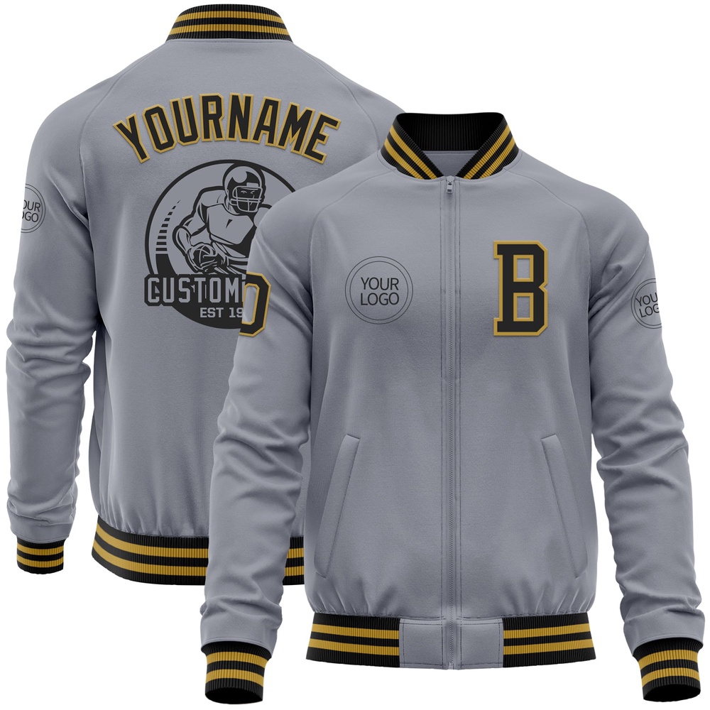 Custom Gray Black Old Gold Bomber Varsity Baseball Jacket, Custom Team Jacket