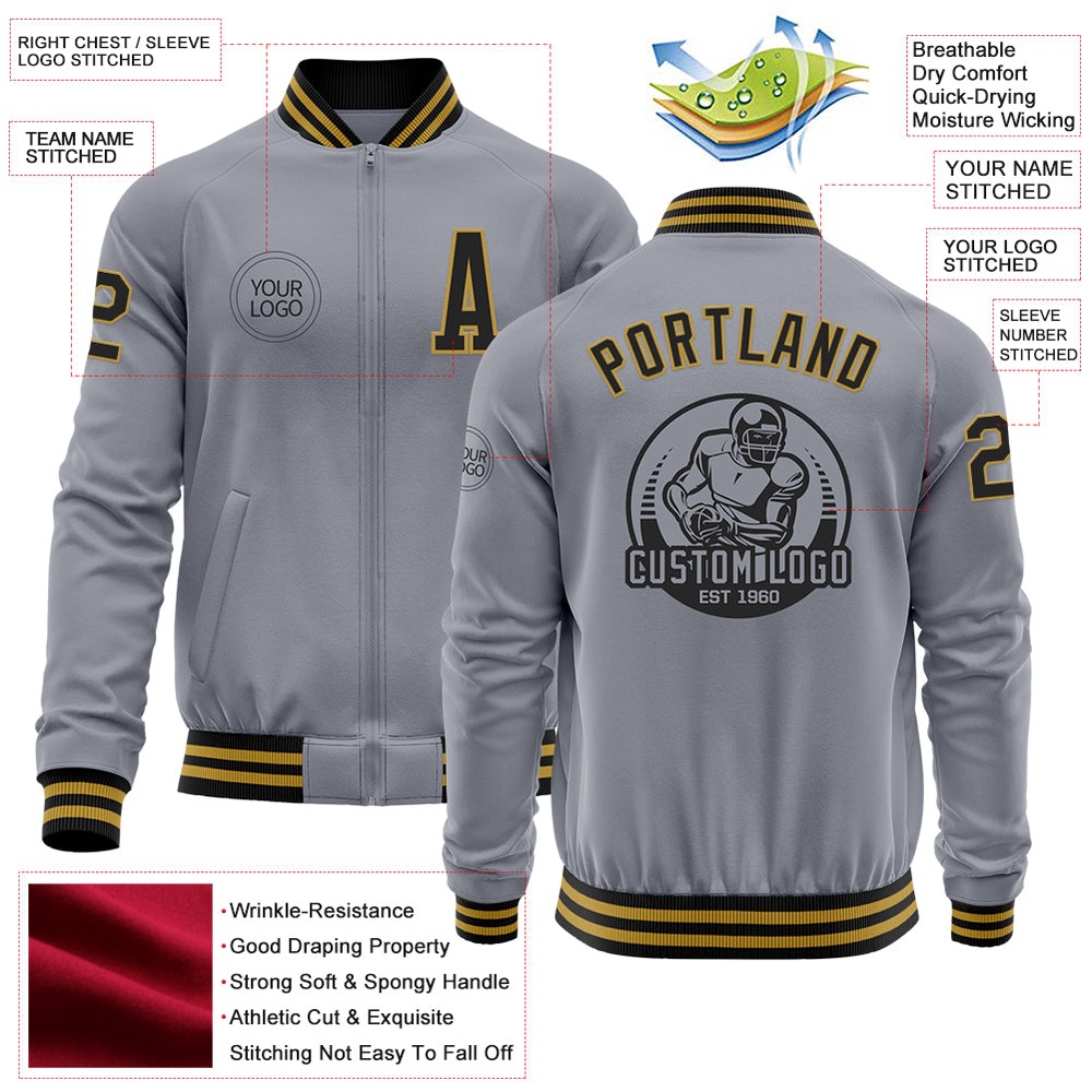 Custom Gray Black Old Gold Bomber Varsity Baseball Jacket, Custom Team Jacket