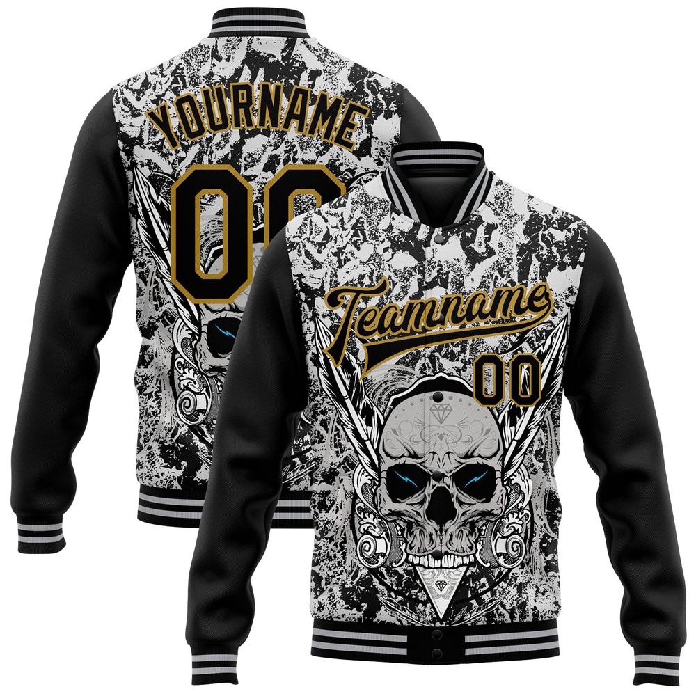 Custom Gray Black Old Gold Skull With Feather 3D Bomber Full Snap Varsity Baseball Jacket, Custom Team Jacket