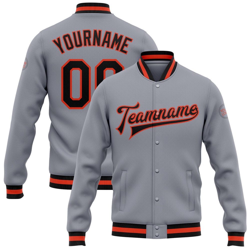 Custom Gray Black Orange Bomber Full Snap Baseball Jacket, Custom Team Jacket