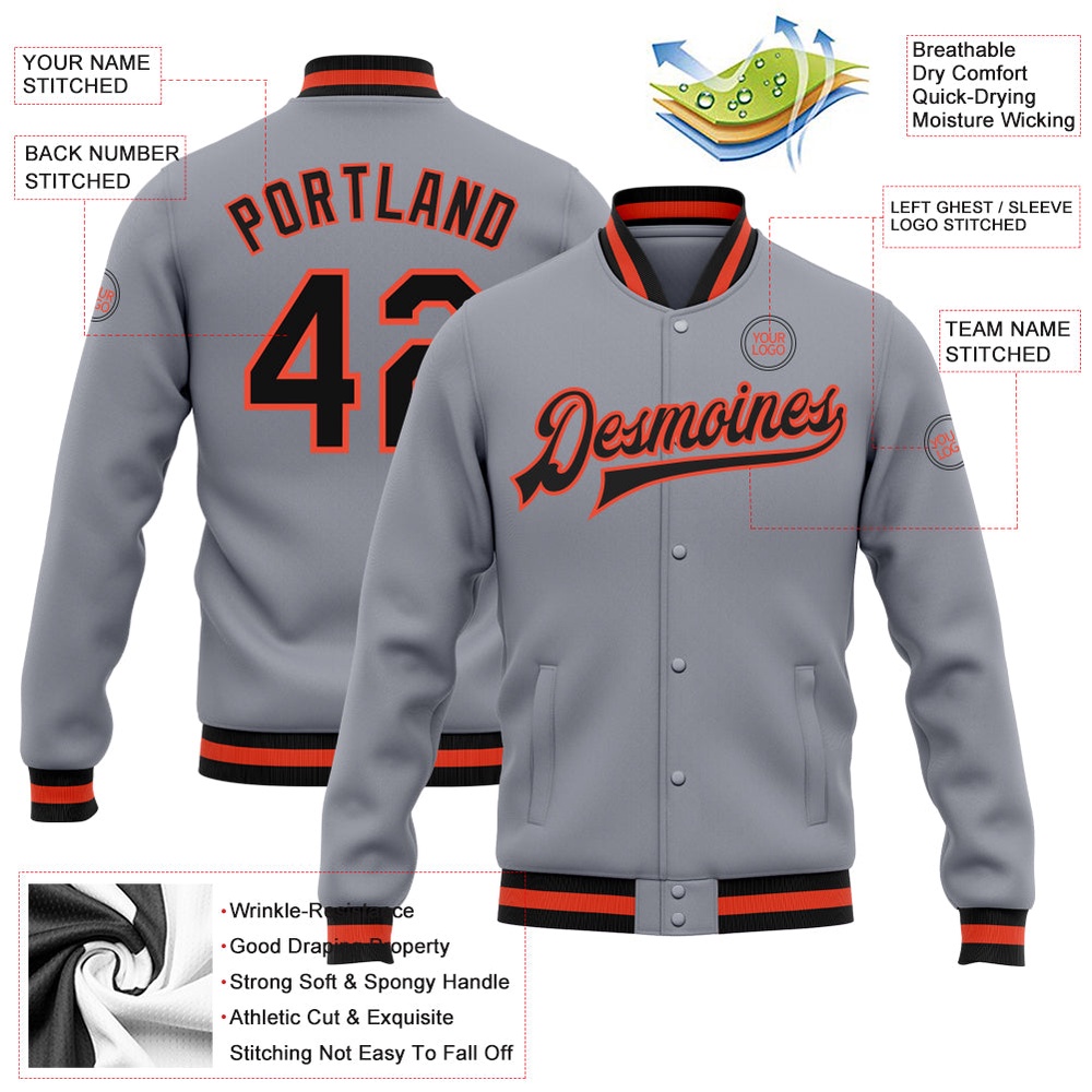 Custom Gray Black Orange Bomber Full Snap Baseball Jacket, Custom Team Jacket