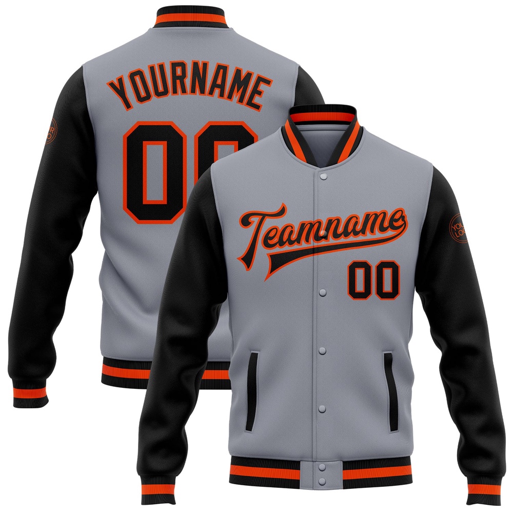 Custom Gray Black Orange Bomber Full Snap Varsity Baseball Jacket, Custom Team Jacket