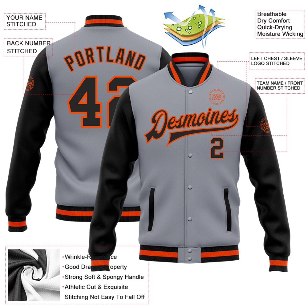 Custom Gray Black Orange Bomber Full Snap Varsity Baseball Jacket, Custom Team Jacket