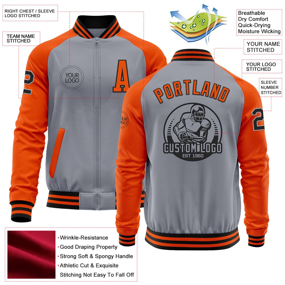 Custom Gray Black Orange Bomber Varsity Baseball Jacket, Custom Team Jacket