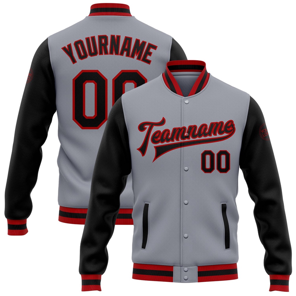 Custom Gray Black Red Bomber Full Snap Varsity Baseball Jacket, Custom Team Jacket