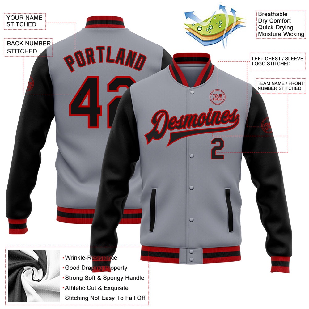 Custom Gray Black Red Bomber Full Snap Varsity Baseball Jacket, Custom Team Jacket