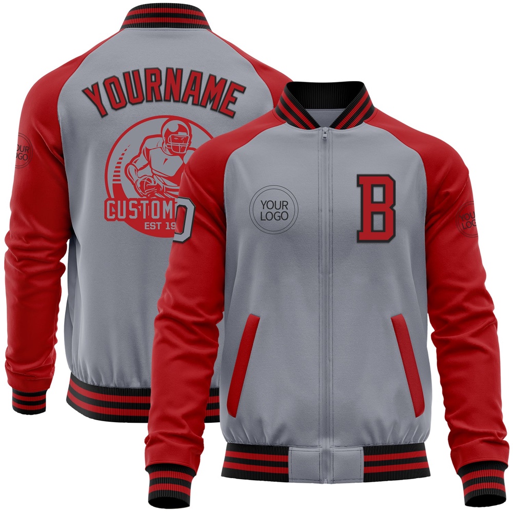 Custom Gray Black Red Bomber Varsity Baseball Jacket, Custom Team Jacket