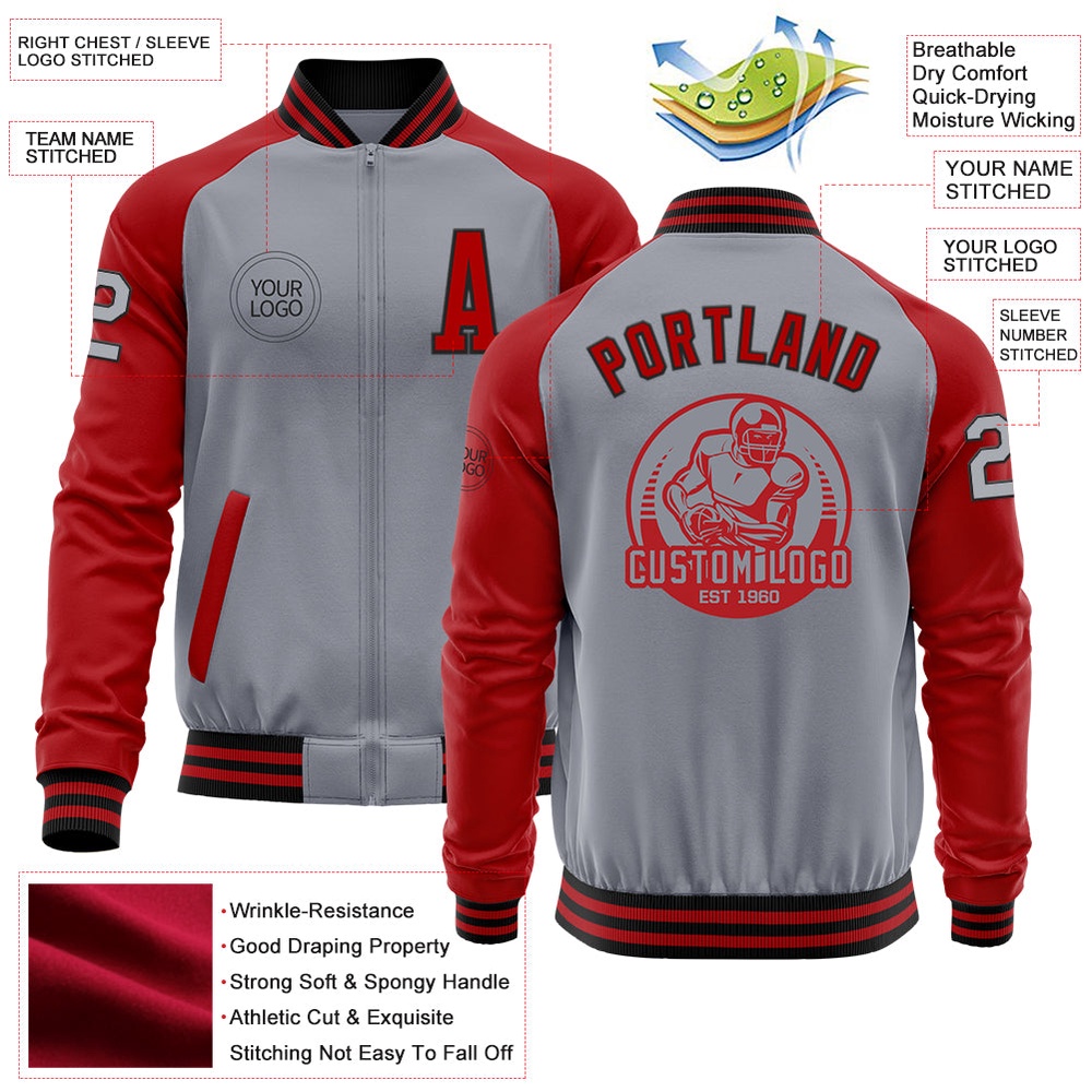 Custom Gray Black Red Bomber Varsity Baseball Jacket, Custom Team Jacket