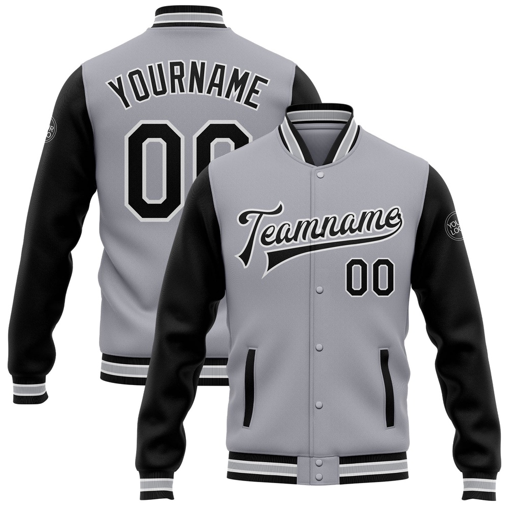 Custom Gray Black White Bomber Full Snap Varsity Baseball Jacket, Custom Team Jacket