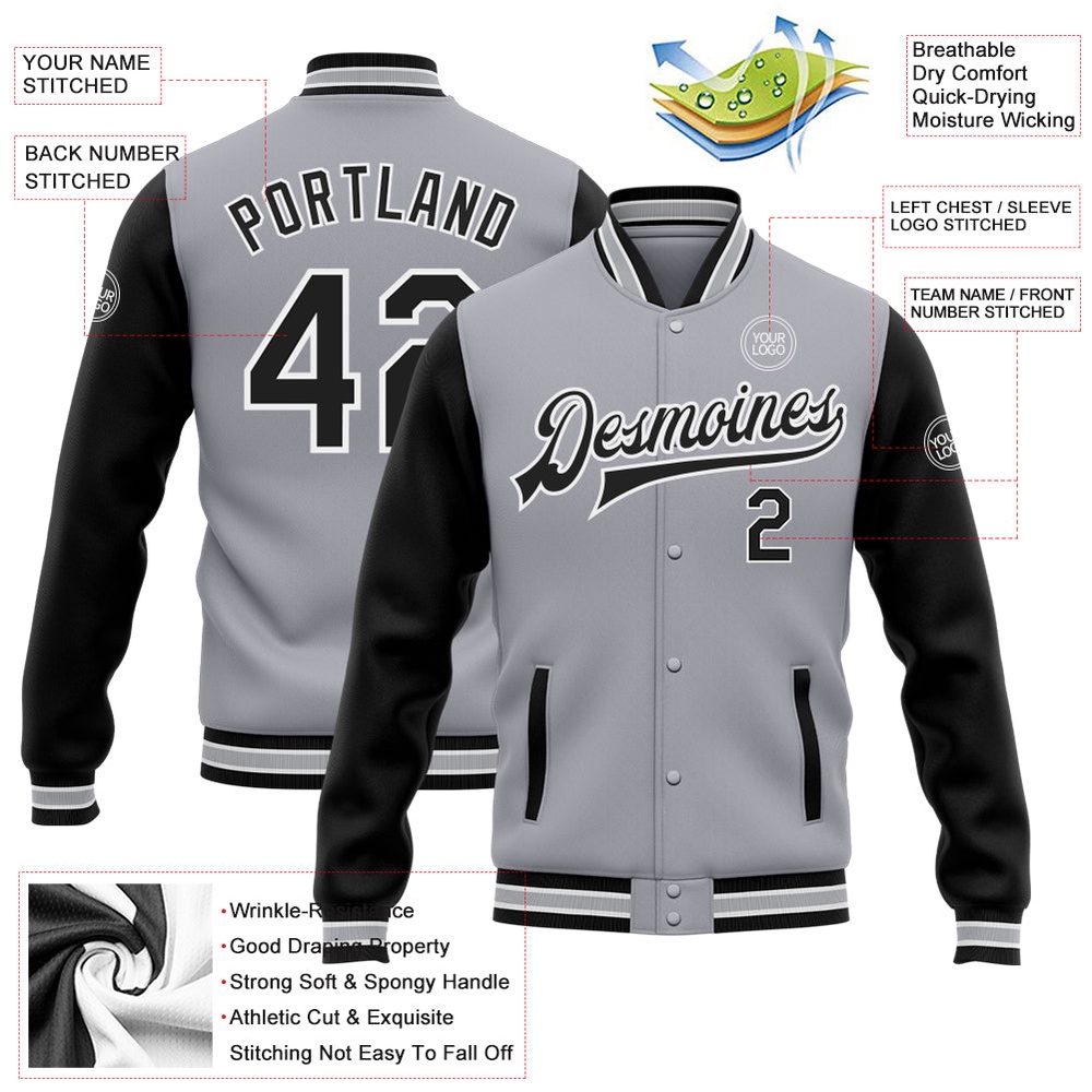 Custom Gray Black White Bomber Full Snap Varsity Baseball Jacket, Custom Team Jacket