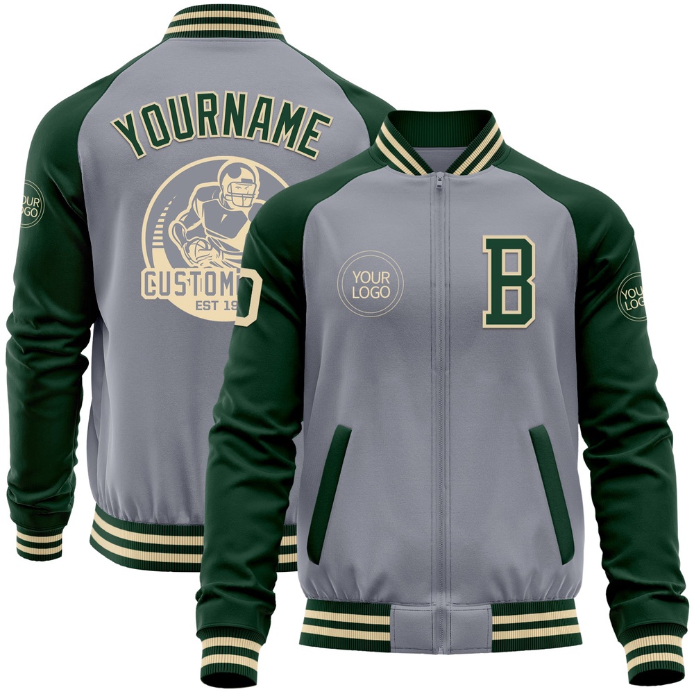 Custom Gray Cream Green Bomber Varsity Baseball Jacket, Custom Team Jacket Custom Gray Cream Green Bomber Varsity Baseball Jacket, Custom Team Jacket