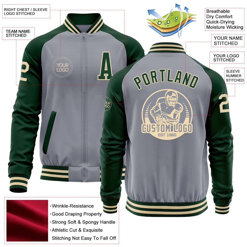 Custom Gray Cream Green Bomber Varsity Baseball Jacket, Custom Team Jacket Custom Gray Cream Green Bomber Varsity Baseball Jacket, Custom Team Jacket