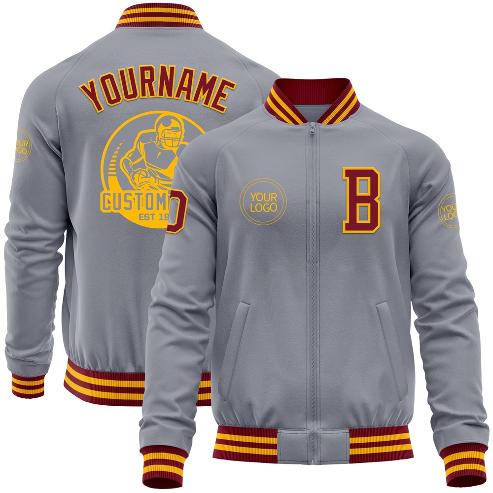 Custom Gray Crimson Gold Bomber Varsity Baseball Jacket, Custom Team Jacket
