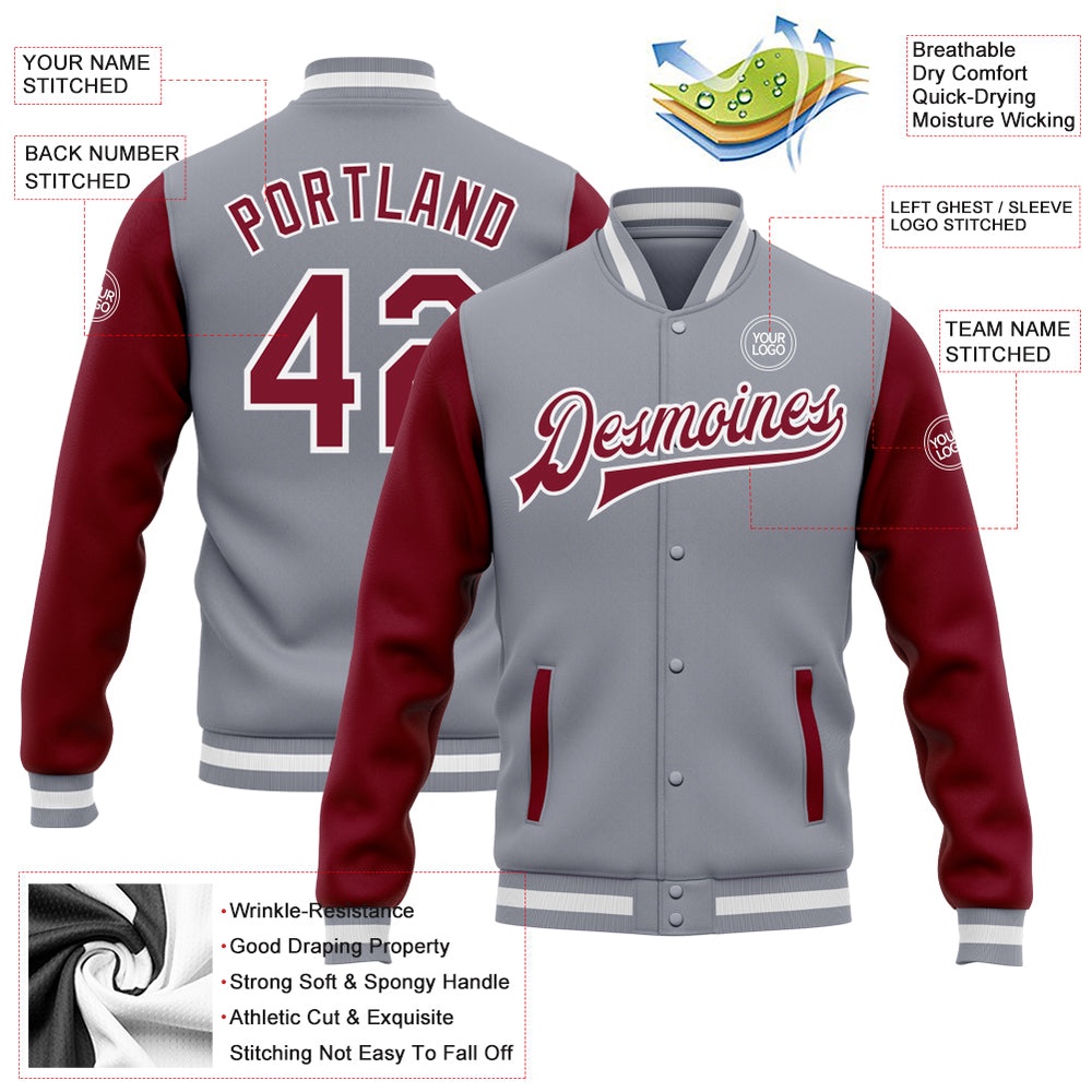 Custom Gray Crimson White Bomber Full Snap Varsity Baseball Jacket, Custom Team Jacket