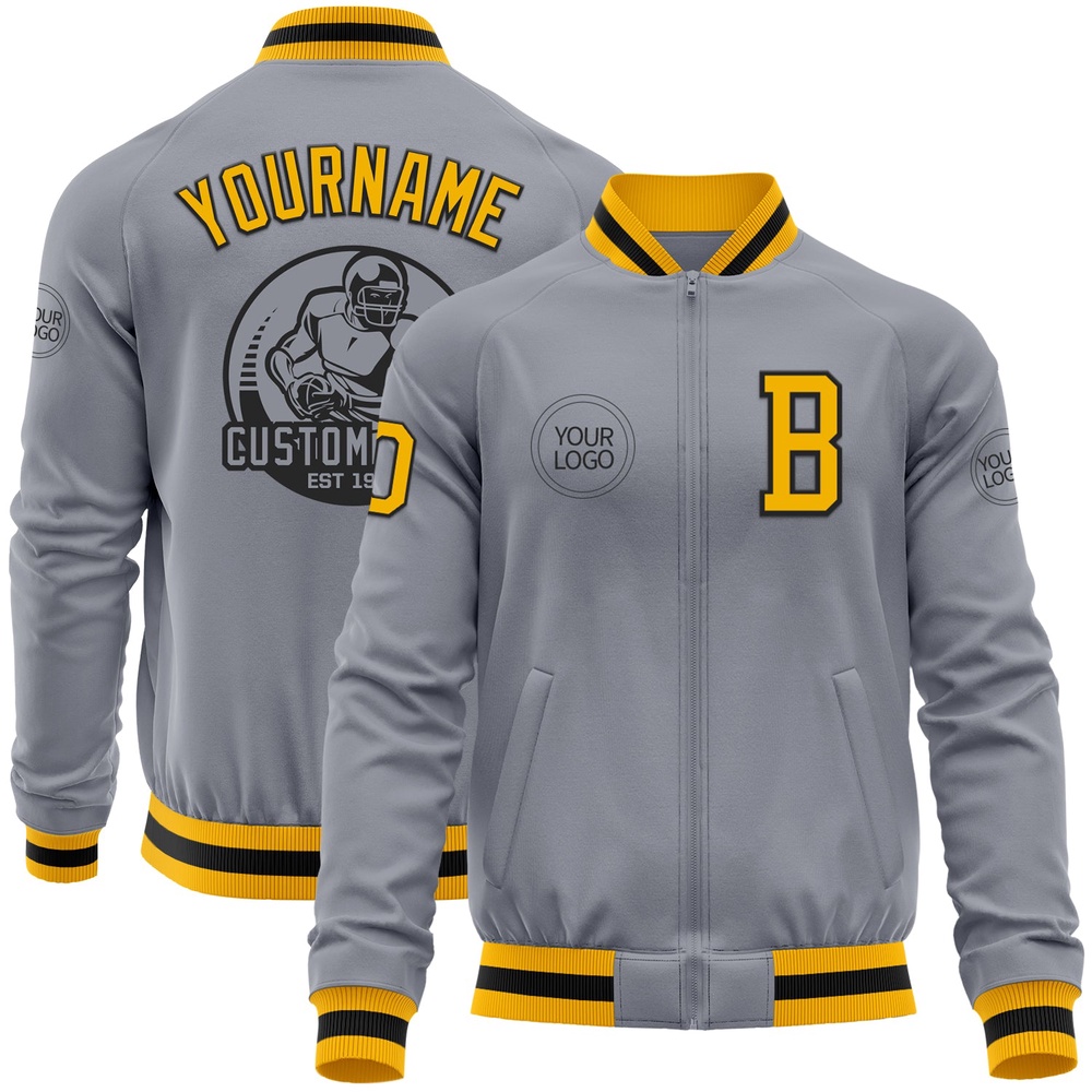 Custom Gray Gold Black Bomber Varsity Letterman Zipper Jacket, Custom Team Jacket