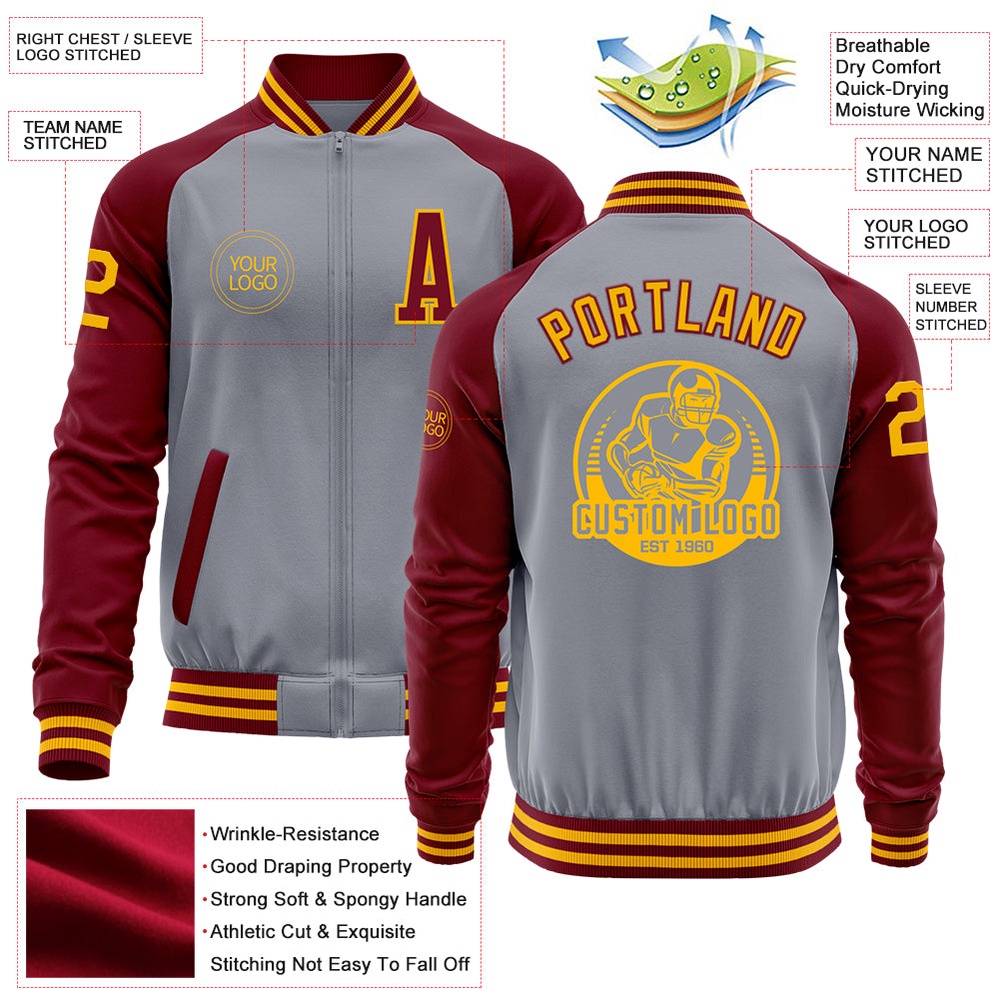 Custom Gray Gold Crimson Varsity Baseball Jacket, Custom Team Jacket