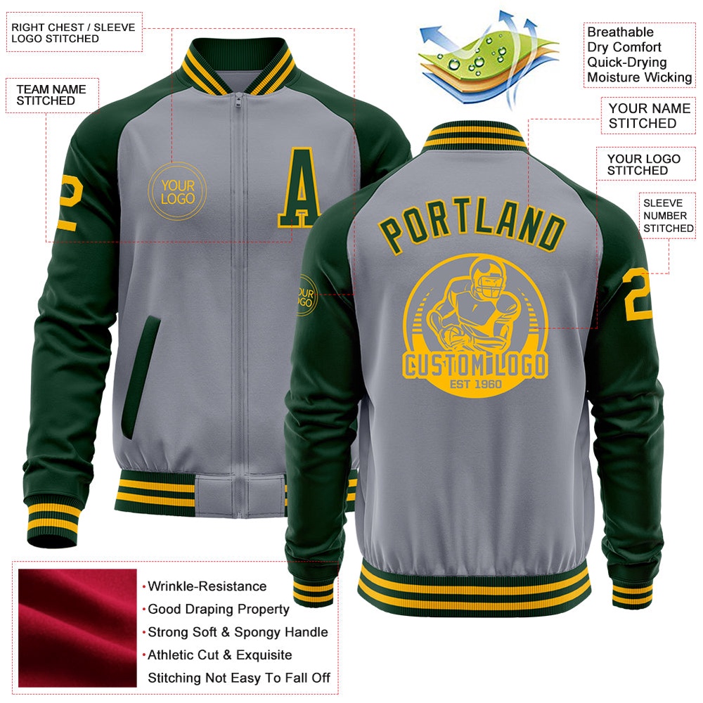 Custom Gray Gold Green Bomber Varsity Baseball Jacket, Custom Team Jacket