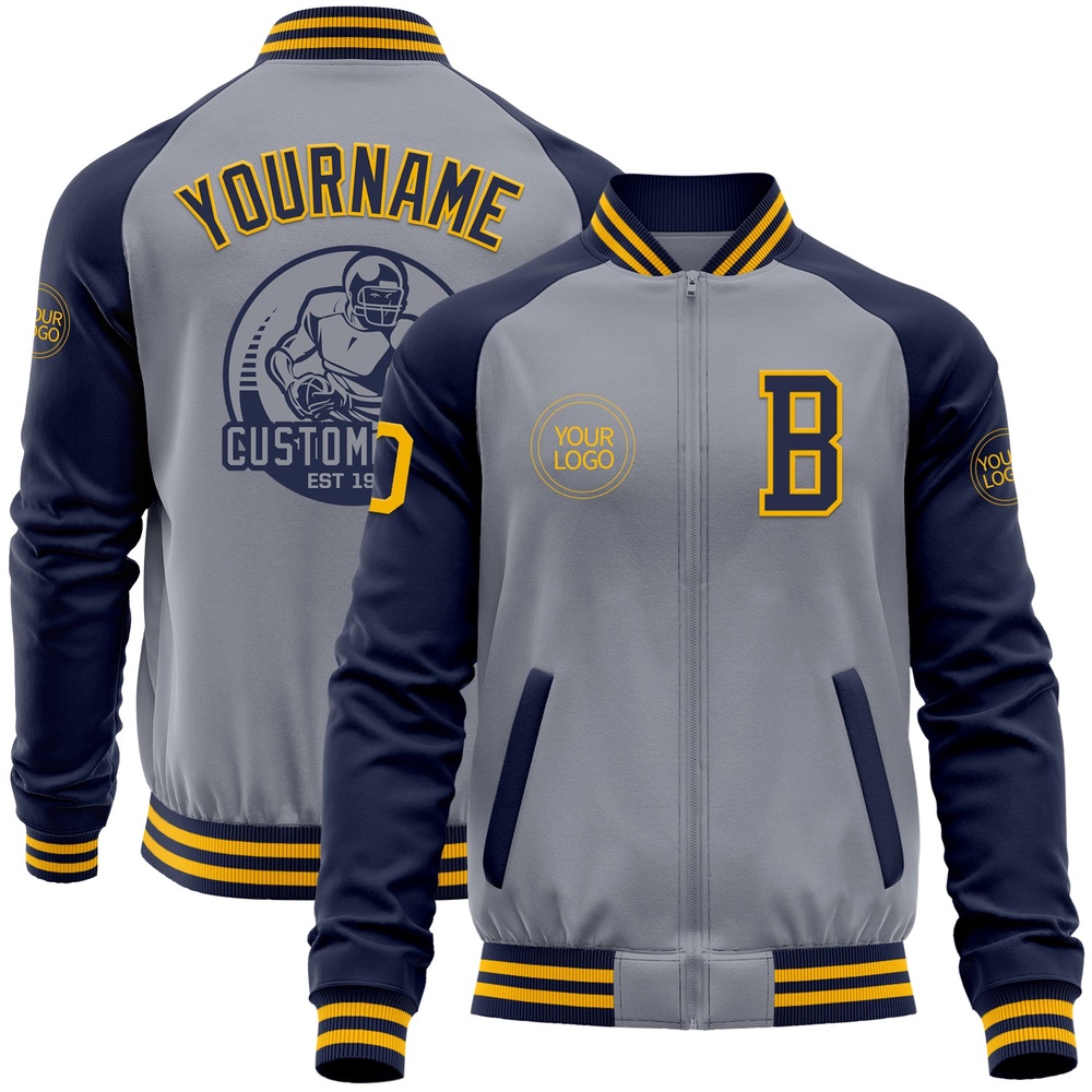 Custom Gray Gold Navy Varsity Baseball Jacket, Custom Team Jacket Custom Gray Gold Navy Varsity Baseball Jacket, Custom Team Jacket