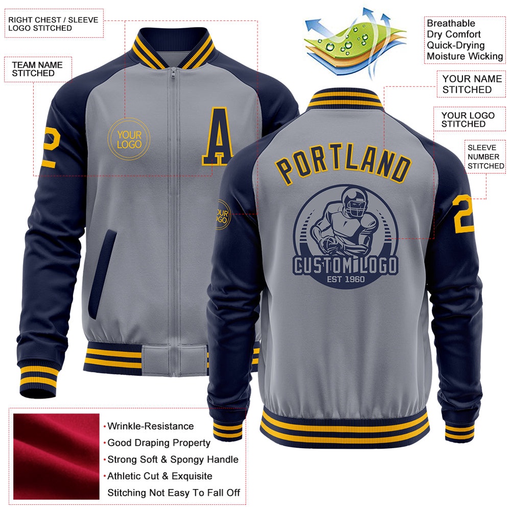 Custom Gray Gold Navy Varsity Baseball Jacket, Custom Team Jacket Custom Gray Gold Navy Varsity Baseball Jacket, Custom Team Jacket