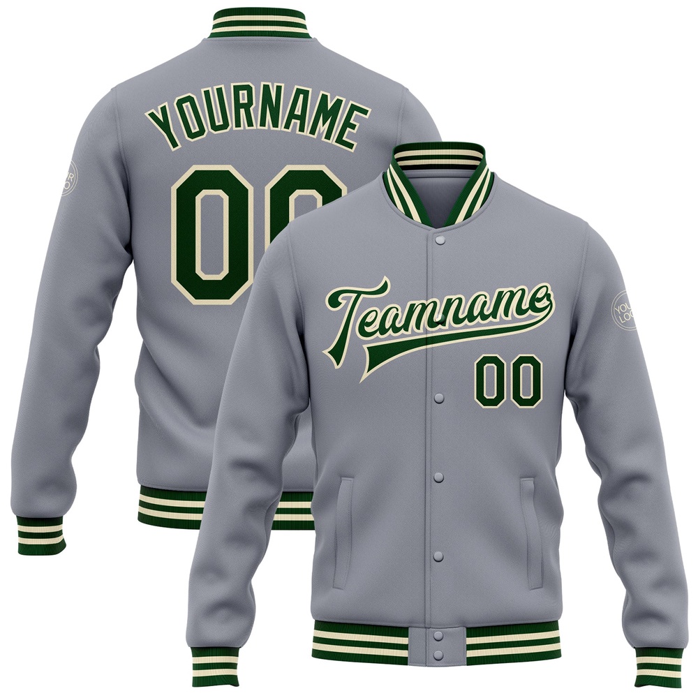 Custom Gray Green Cream Bomber Full Snap Baseball Jacket, Custom Team Jacket Custom Gray Green Cream Bomber Full Snap Baseball Jacket, Custom Team Jacket