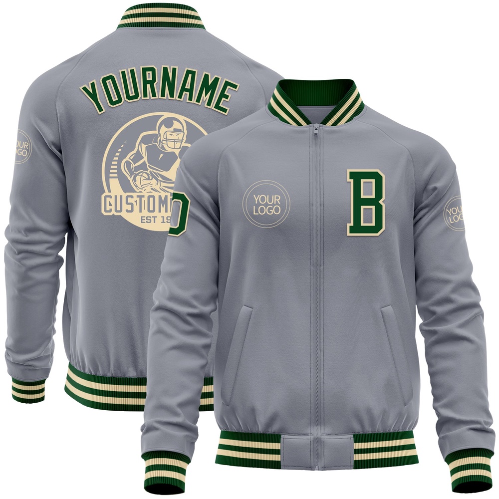 Custom Gray Green Cream Bomber Varsity Baseball Jacket, Custom Team Jacket Custom Gray Green Cream Bomber Varsity Baseball Jacket, Custom Team Jacket