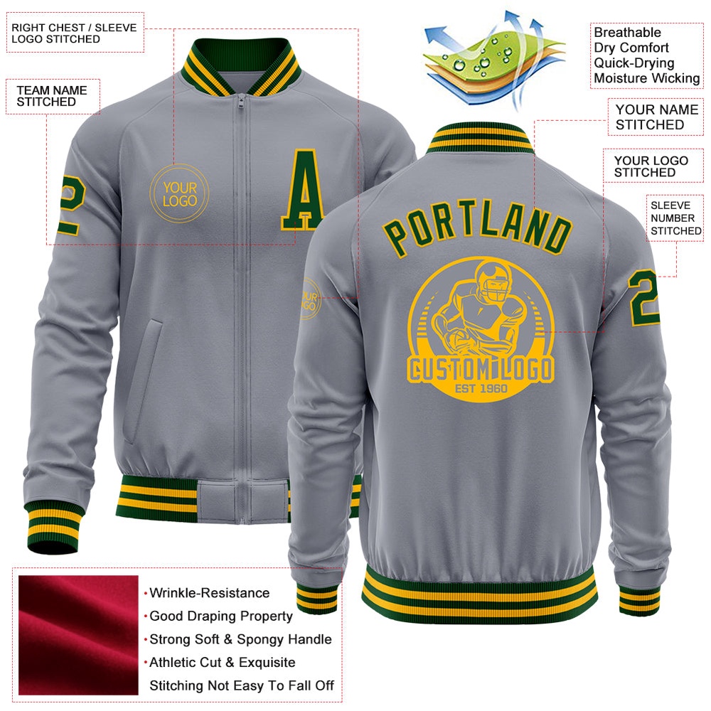 Custom Gray Green Gold Bomber Varsity Baseball Jacket, Custom Team Jacket