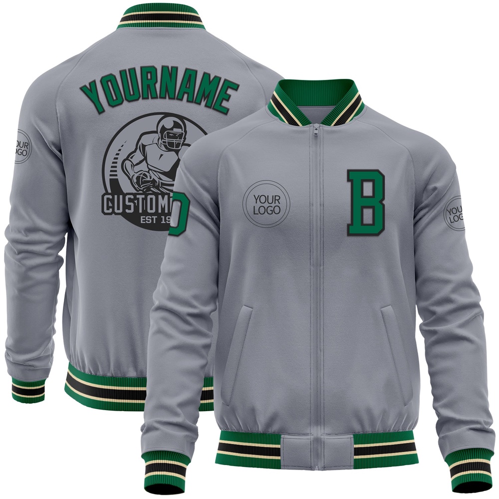 Custom Gray Kelly Green Black Cream Bomber Varsity Baseball Jacket, Custom Team Jacket