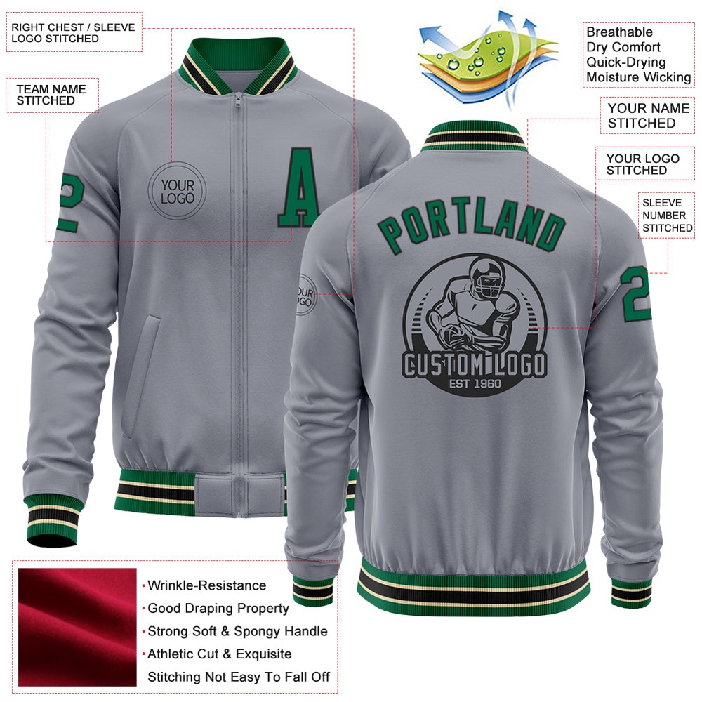 Custom Gray Kelly Green Black Cream Bomber Varsity Baseball Jacket, Custom Team Jacket