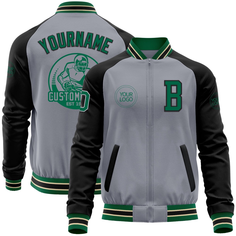 Custom Gray Kelly Green Cream Black Bomber Varsity Baseball Jacket, Custom Team Jacket
