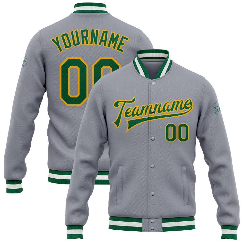 Custom Gray Kelly Green Gold Bomber Full Snap Baseball Jacket, Custom Team Jacket