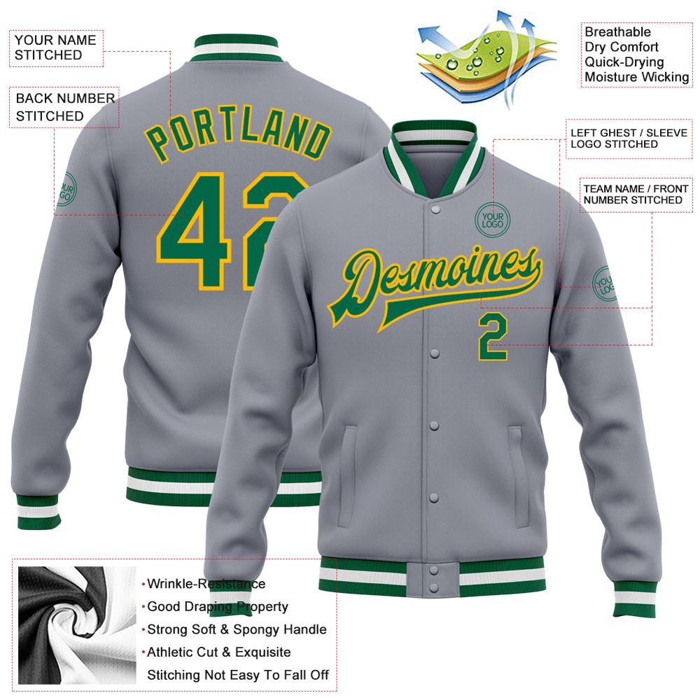 Custom Gray Kelly Green Gold Bomber Full Snap Baseball Jacket, Custom Team Jacket