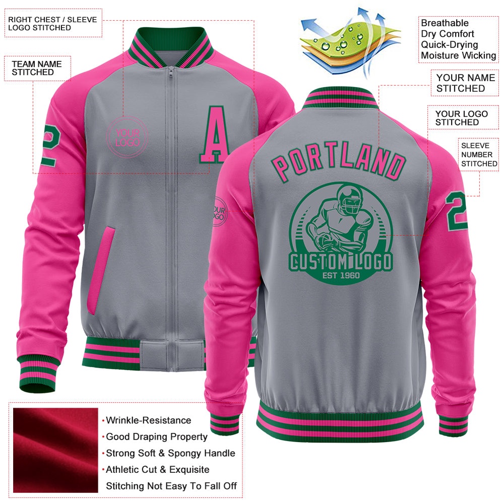 Custom Gray Kelly Green Pink Bomber Varsity Baseball Jacket, Custom Team Jacket