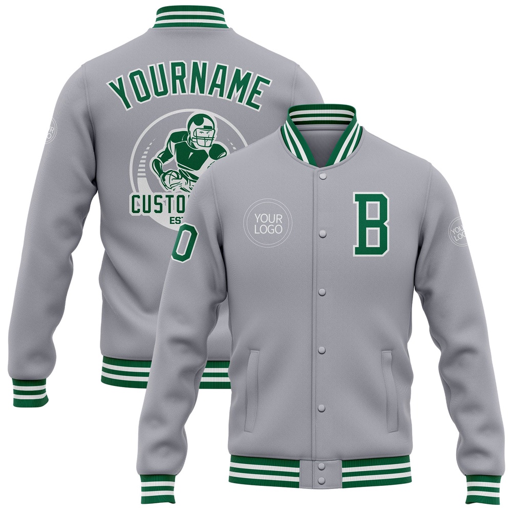 Custom Gray Kelly Green White Bomber Full Snap Baseball Jacket, Custom Team Jacket